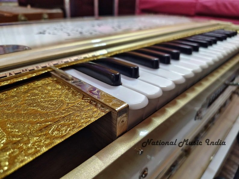 Premium Luxury White Gold 4 Line 13 Scale Changer Harmonium - National Music India