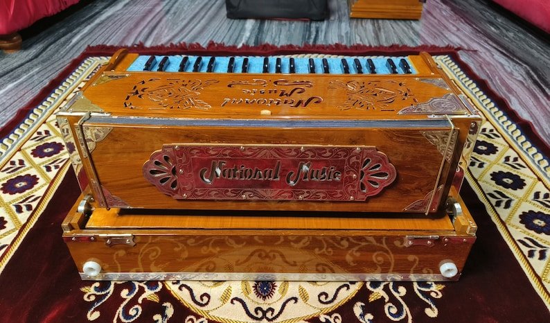 Special Edition Natural Finish Sky Blue Keys 2 Line Harmonium - National Music India