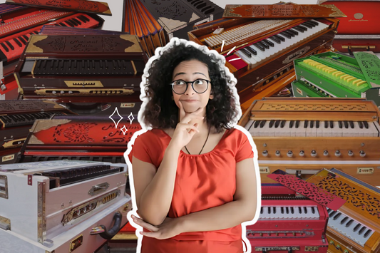 a confused lady thinking how to buy harmonium among a lot of harmonium types