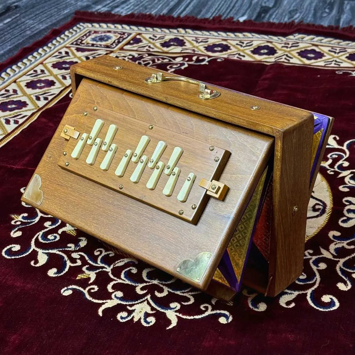 brown teakwood shruti box on stand ready to play