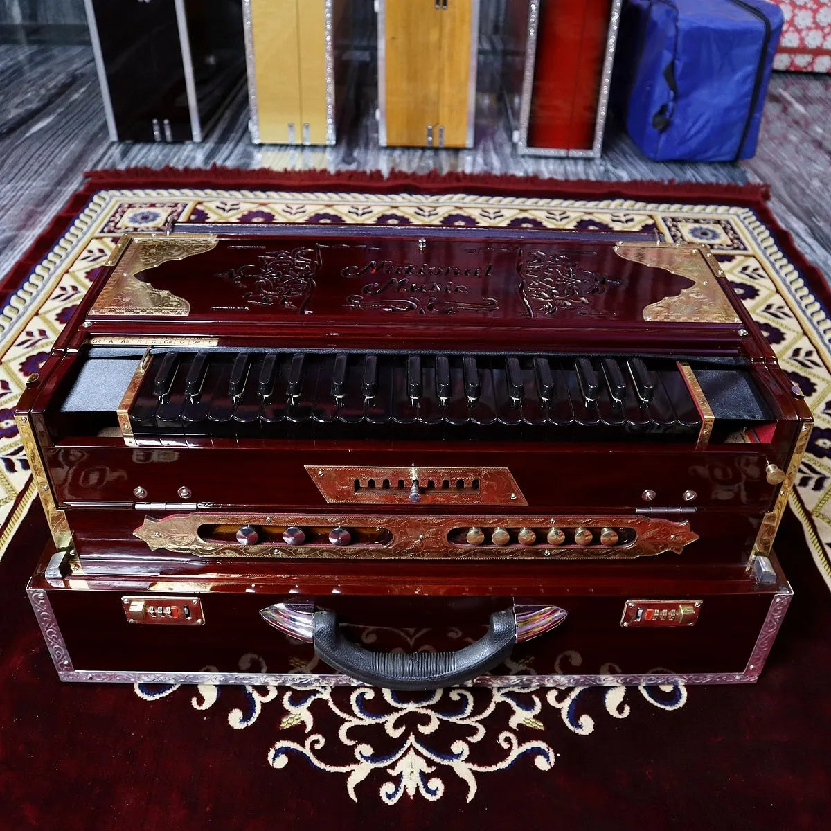 glossy black 37 keys of 9 scale changer national music harmonium with built in shruti box