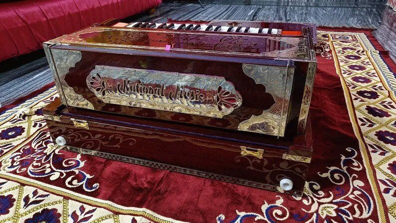brown walnut national music India harmonium with brass decoration on corners and nameplate facility