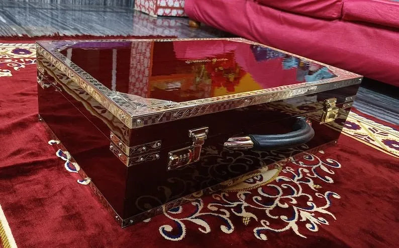 highlighting brass decoration in the side view of brown walnut harmonium case of national music India 