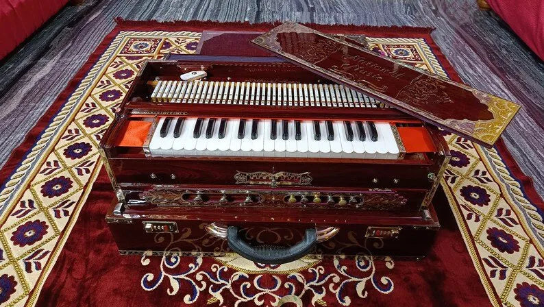 National Music India 3 reed 9 scale changer harmonium brown walnut color front view