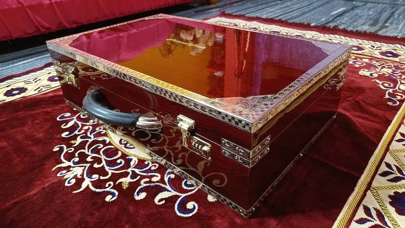 side view of brown walnut harmonium case of national music India harmonium