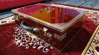 side view of brown walnut harmonium case of national music India harmonium