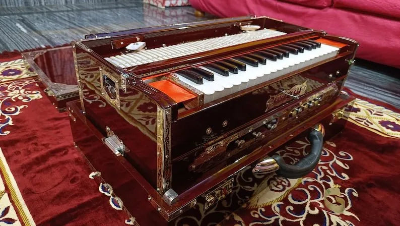 National Music India Walnut brown color 3 line 9 scale changer harmonium side view