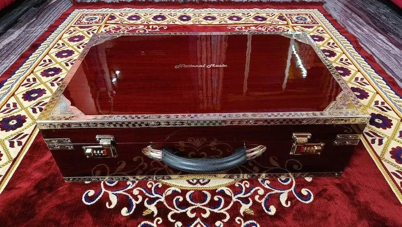 front view of brown walnut harmonium case of national music India harmonium