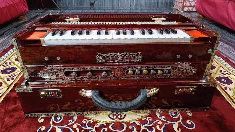 brass decorated walnut brown color national music India harmonium
