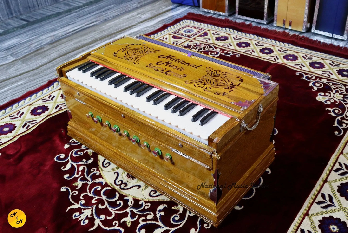NMI Professional Double Reed Standard Non Portable Harmonium With 7 Fold Bellows and black-white 42 keys- National Music India