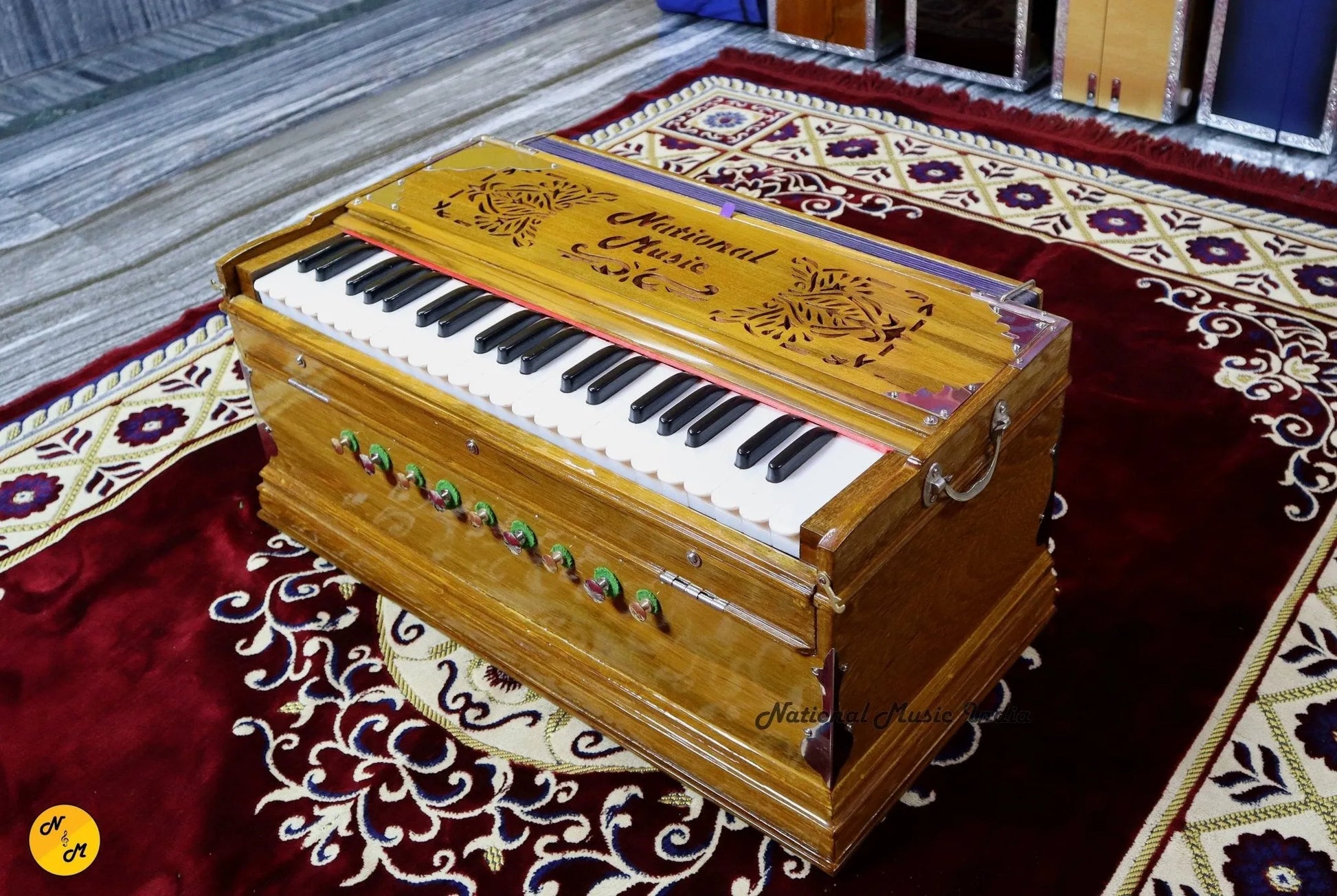 NMI Professional Double Reed Standard Non Portable Harmonium With 7 Fold Bellows and black-white 42 keys- National Music India