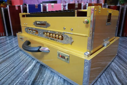 highlighting the steel decoration on golden 3 Line 9 Scale Changer Harmonium with Built-in Shruti Box - National Music India