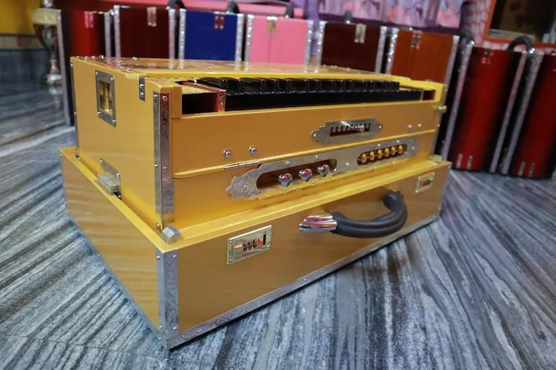 golden 3 Line 9 Scale Changer Harmonium with Built-in Shruti Box from National Music India