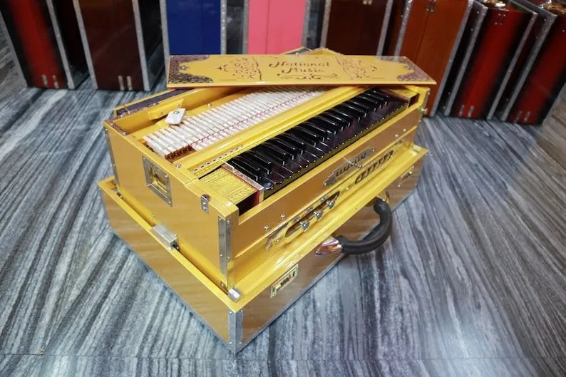 Premium Luxury golden 3 Line 9 Scale Changer Harmonium with all black keys - National Music India