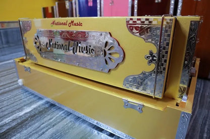 steel engraved decoration on golden 3 Line 9 Scale Changer Harmonium with Built-in Shruti Box - National Music India