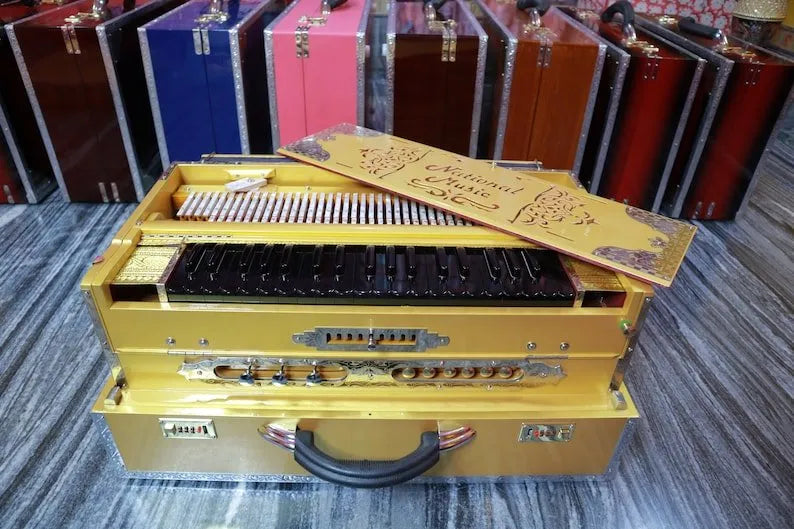Premium Luxury golden 3 Line 9 Scale Changer Harmonium with Built-in Shruti Box - National Music India