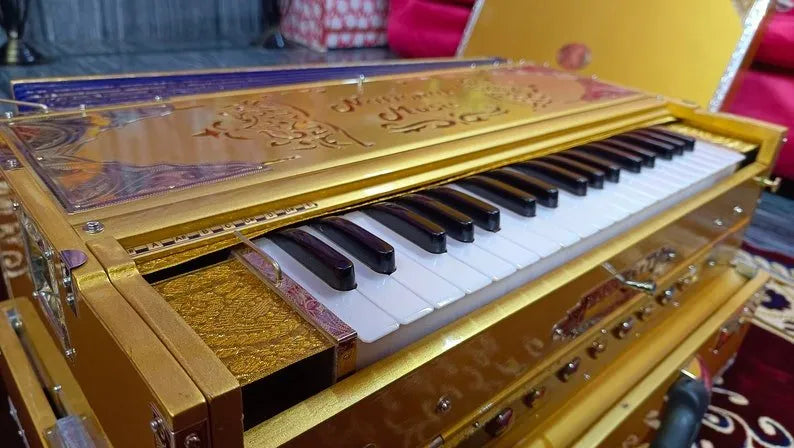 Premium Luxury Golden Mirror Finish 3 Line 9 Scale Changer Harmonium - National Music India