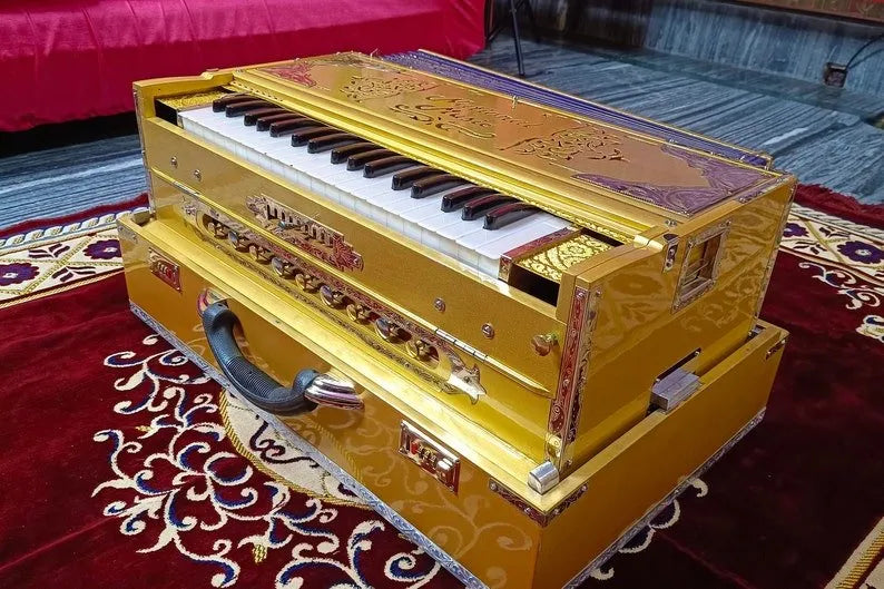 Premium Luxury Golden Mirror Finish 3 Line 9 Scale Changer Harmonium - National Music India