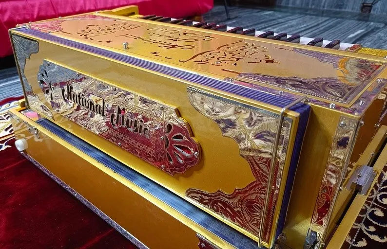 Premium Luxury Golden Mirror Finish 3 Line 9 Scale Changer Harmonium - National Music India