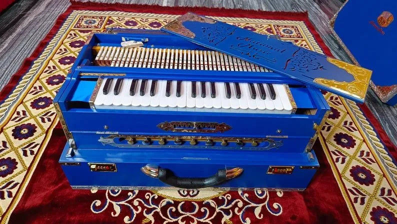 Premium Luxury Matte Blue 3 Line 9 Scale Changer Harmonium - National Music India
