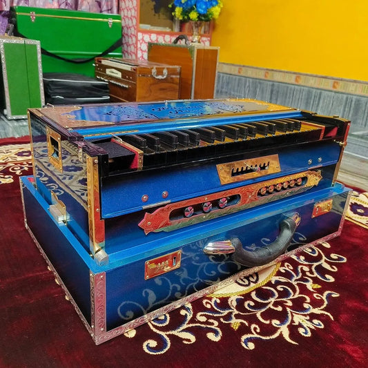royal blue colour harmonium with black keys