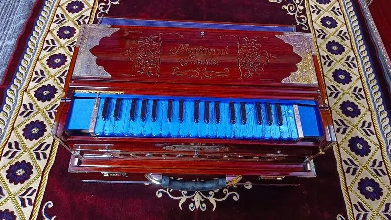 Special Edition Brown Walnut Blue Keys 3 Line Portable Harmonium - National Music India