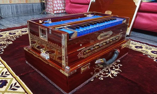 Special Edition Brown Walnut Blue Keys 3 Line Portable Harmonium - National Music India