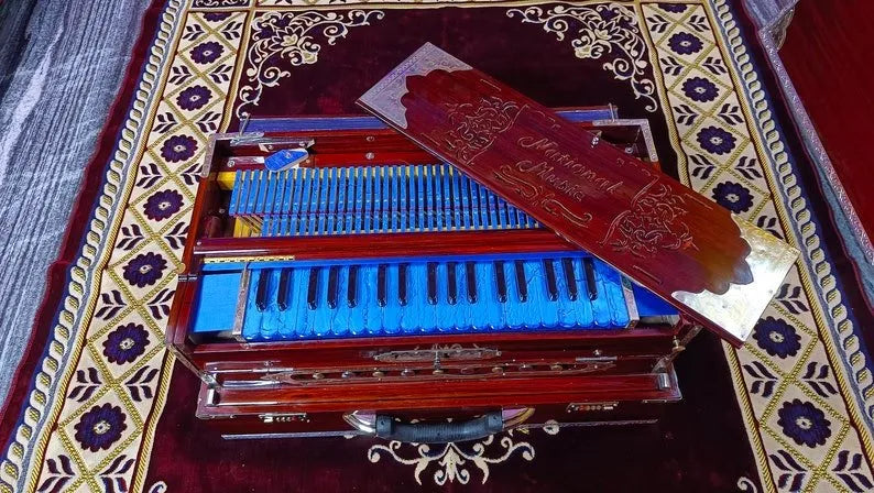 Special Edition Brown Walnut Blue Keys 3 Line Portable Harmonium - National Music India