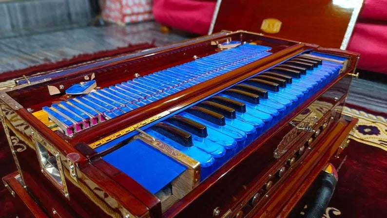 Special Edition Brown Walnut Blue Keys 3 Line Portable Harmonium - National Music India