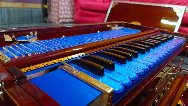 Special Edition Brown Walnut Blue Keys 3 Line Portable Harmonium - National Music India