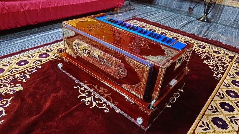 Special Edition Brown Walnut Blue Keys 3 Line Portable Harmonium - National Music India