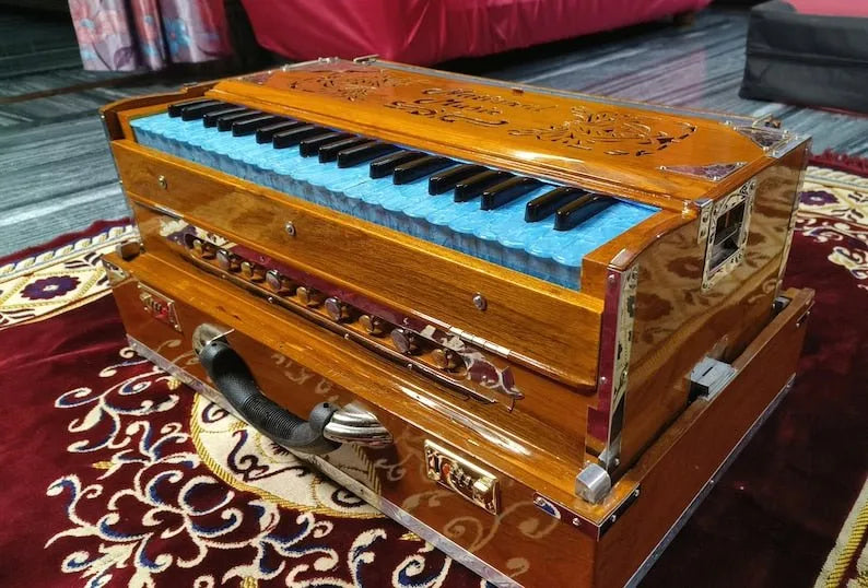 Special Edition Natural Finish Sky Blue Keys 2 Line Harmonium - National Music India