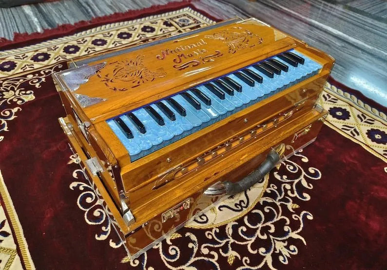 Special Edition Natural Finish Sky Blue Keys 2 Line Harmonium - National Music India