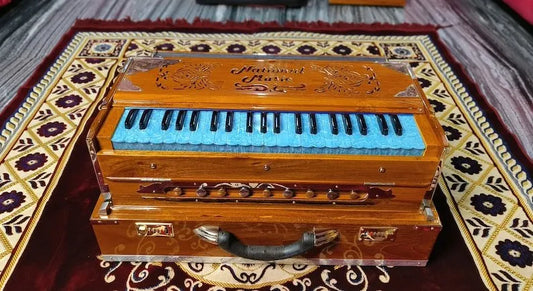 Special Edition Natural Finish Sky Blue Keys 2 Line Harmonium - National Music India