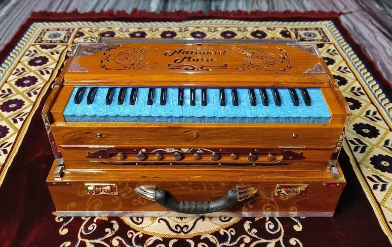 Special Edition Natural Finish Sky Blue Keys 2 Line Harmonium - National Music India