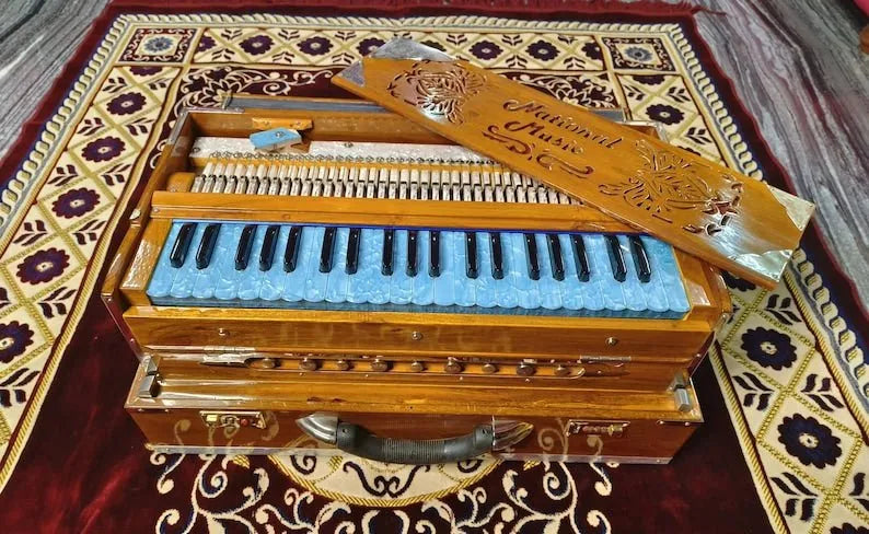 Special Edition Natural Finish Sky Blue Keys 2 Line Harmonium - National Music India