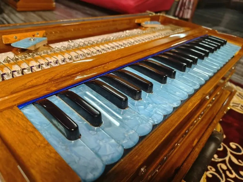 Special Edition Natural Finish Sky Blue Keys 2 Line Harmonium - National Music India